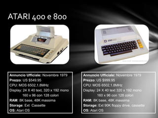ATARI 400 e 800




Annuncio Ufficiale: Novembre 1979       Annuncio Ufficiale: Novembre 1979
Prezzo: US $549.95                      Prezzo: US $999.95
CPU: MOS 6502,1.8MHz                    CPU: MOS 6502,1.8MHz
Display: 24 X 40 text, 320 x 192 mono   Display: 24 X 40 text 320 x 192 mono
        160 x 96 con 128 colori                  160 x 96 con 128 colori
RAM: 8K base, 48K massima               RAM: 8K base, 48K massima
Storage: Ext Cassette                   Storage: Ext 90K floppy drive, cassette
OS: Atari OS                            OS: Atari OS
 
