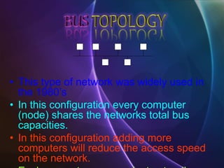 • This type of network was widely used in
the 1980’s
• In this configuration every computer
(node) shares the networks total bus
capacities.
• In this configuration adding more
computers will reduce the access speed
on the network.
 