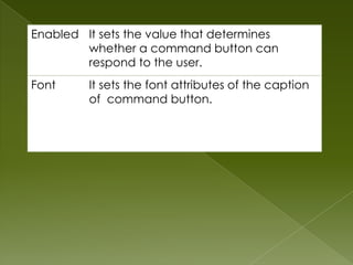 Enabled It sets the value that determines
        whether a command button can
        respond to the user.
Font     It sets the font attributes of the caption
         of command button.
 