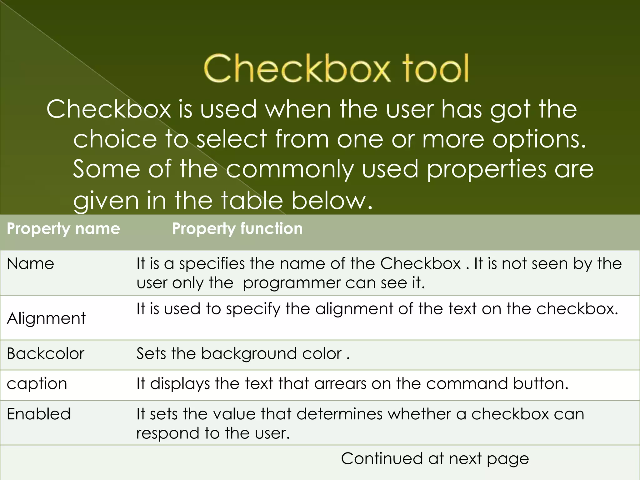 Checkbox is used when the user has got the choice to select from one or more options. Some of the commonly used properties are given in the table below. Property name Property function Name It is a specifies the name of the Checkbox . It is not seen by the user only the programmer can see it. It is used to specify the alignment of the text on the checkbox. Alignment Backcolor Sets the background color . caption It displays the text that arrears on the command button. Enabled It sets the value that determines whether a checkbox can respond to the user. Continued at next page 