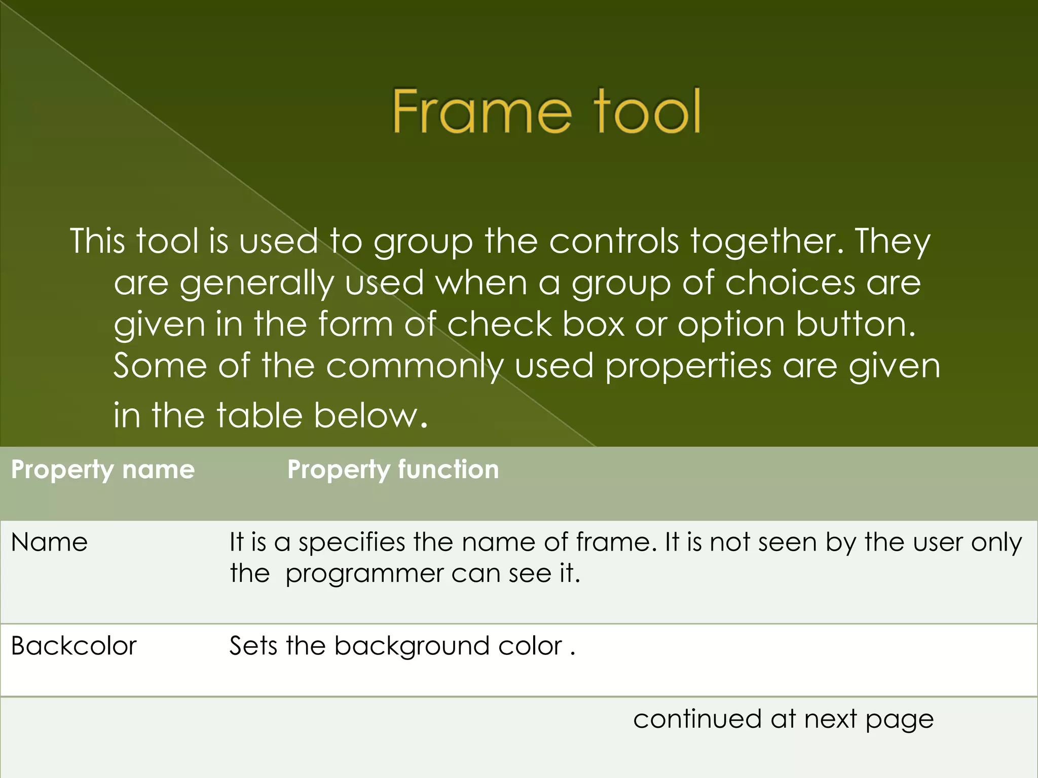 This tool is used to group the controls together. They are generally used when a group of choices are given in the form of check box or option button. Some of the commonly used properties are given in the table below. Property name Property function Name It is a specifies the name of frame. It is not seen by the user only the programmer can see it. Backcolor Sets the background color . caption It displays the text that arrears on the command button. continued at next page 