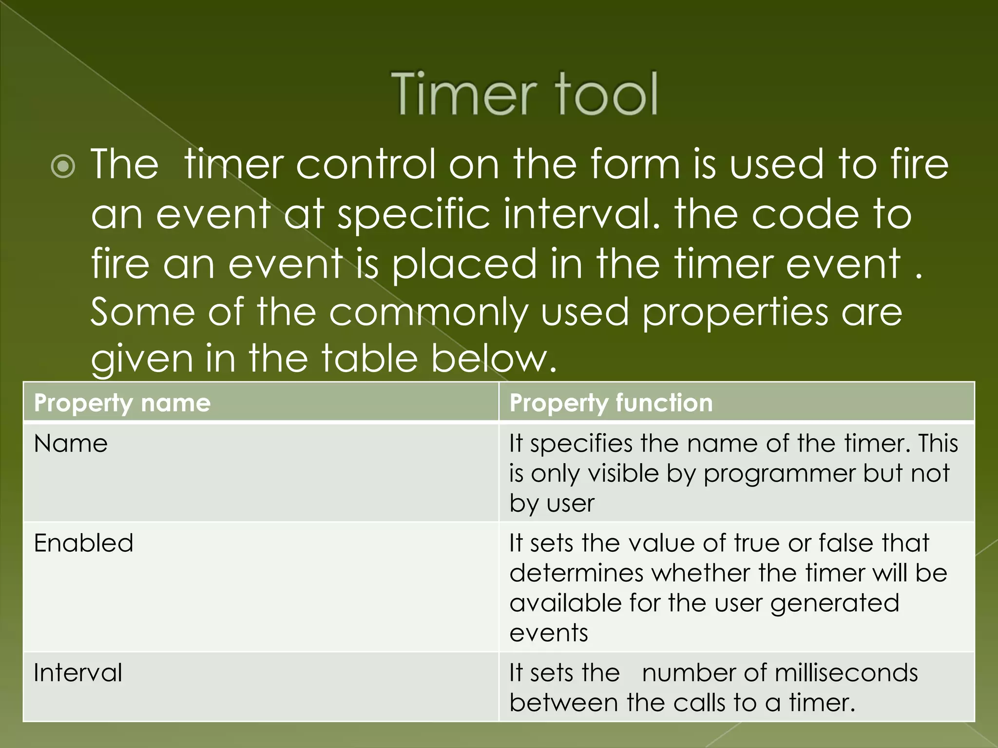  The timer control on the form is used to fire an event at specific interval. the code to fire an event is placed in the timer event . Some of the commonly used properties are given in the table below. Property name Property function Name It specifies the name of the timer. This is only visible by programmer but not by user Enabled It sets the value of true or false that determines whether the timer will be available for the user generated events Interval It sets the number of milliseconds between the calls to a timer. 