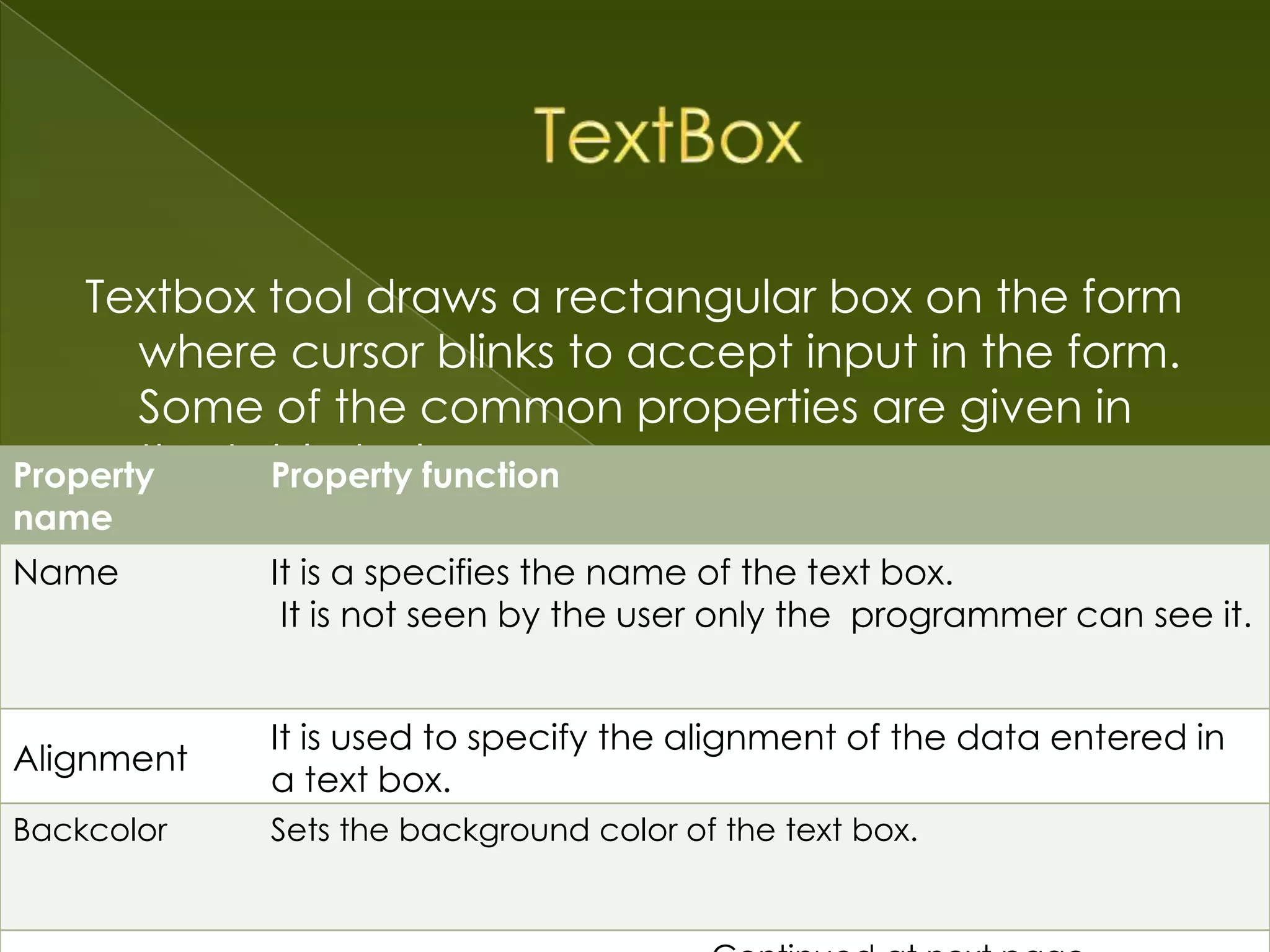 Textbox tool draws a rectangular box on the form where cursor blinks to accept input in the form. Some of the common properties are given in the table below. Property Property function name Name It is a specifies the name of the text box. It is not seen by the user only the programmer can see it. It is used to specify the alignment of the data entered in Alignment a text box. Backcolor Backcolor Sets the background color of the text box. Sets the background color . 