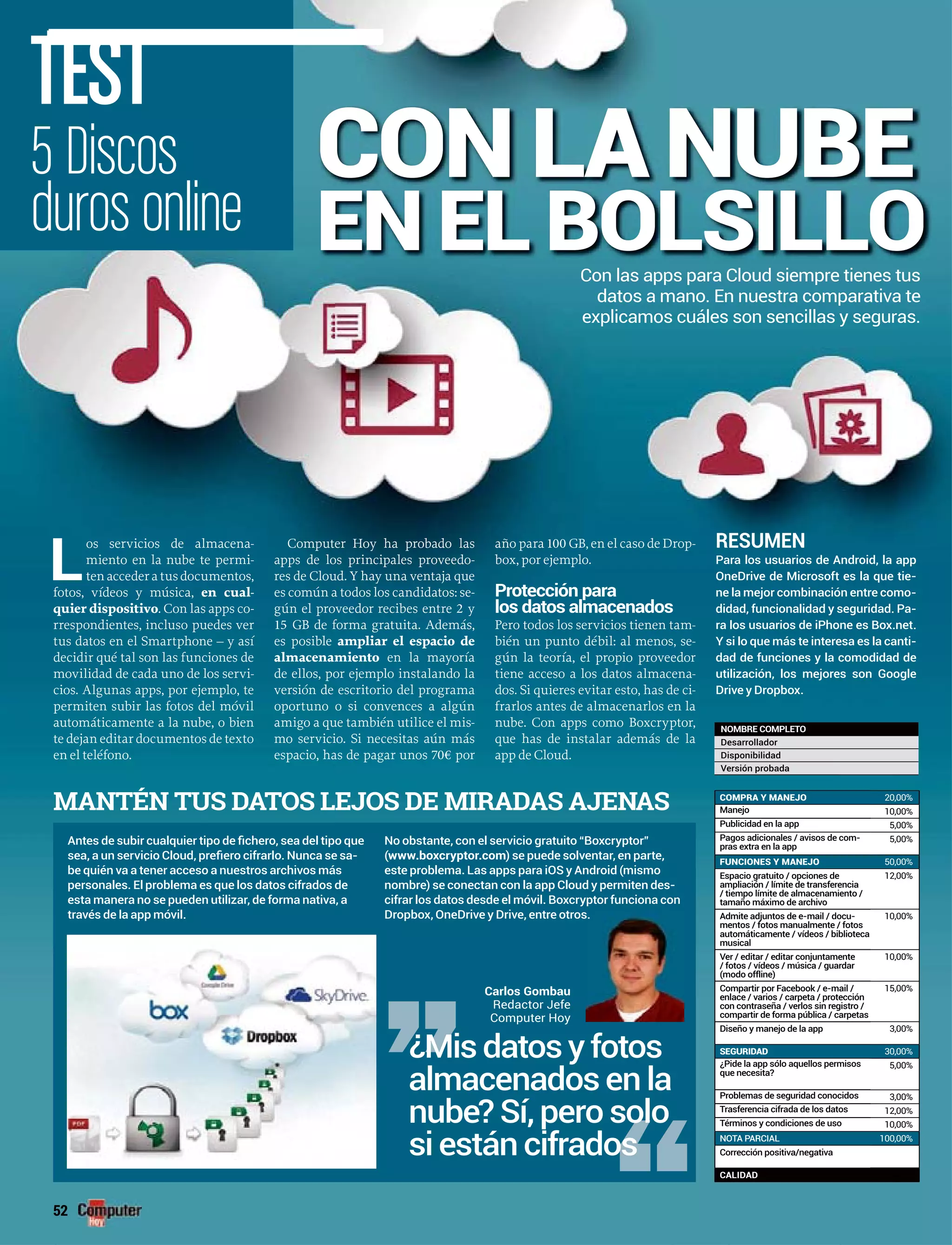 L
os servicios de almacena-
miento en la nube te permi-
tenaccederatusdocumentos,
fotos, vídeos y música, en cual-
quier dispositivo. Con las apps co-
rrespondientes, incluso puedes ver
tus datos en el Smartphone – y así
decidir qué tal son las funciones de
movilidad de cada uno de los servi-
cios. Algunas apps, por ejemplo, te
permiten subir las fotos del móvil
automáticamente a la nube, o bien
te dejan editar documentos de texto
en el teléfono.
Computer Hoy ha probado las
apps de los principales proveedo-
res de Cloud. Y hay una ventaja que
es común a todos los candidatos: se-
gún el proveedor recibes entre 2 y
15 GB de forma gratuita. Además,
es posible ampliar el espacio de
almacenamiento en la mayoría
de ellos, por ejemplo instalando la
versión de escritorio del programa
oportuno o si convences a algún
amigo a que también utilice el mis-
mo servicio. Si necesitas aún más
espacio, has de pagar unos 70€ por
año para 100 GB, en el caso de Drop-
box, por ejemplo.
Protección para
los datos almacenados
Pero todos los servicios tienen tam-
bién un punto débil: al menos, se-
gún la teoría, el propio proveedor
tiene acceso a los datos almacena-
dos. Si quieres evitar esto, has de ci-
frarlos antes de almacenarlos en la
nube. Con apps como Boxcryptor,
que has de instalar además de la
app de Cloud.
RESUMEN
Para los usuarios de Android, la app
OneDrive de Microsoft es la que tie-
ne la mejor combinación entre como-
didad, funcionalidad y seguridad. Pa-
ra los usuarios de iPhone es Box.net.
Y si lo que más te interesa es la canti-
dad de funciones y la comodidad de
utilización, los mejores son Google
Drive y Dropbox.
Con las apps para Cloud siempre tienes tus
datos a mano. En nuestra comparativa te
explicamos cuáles son sencillas y seguras.
CON LA NUBE
EN EL BOLSILLO
5 Discos
duros online
TEST
52
MANTÉN TUS DATOS LEJOS DE MIRADAS AJENAS
-
be quién va a tener acceso a nuestros archivos más
personales. El problema es que los datos cifrados de
esta manera no se pueden utilizar, de forma nativa, a
través de la app móvil.
(www.boxcryptor.com) se puede solventar, en parte,
este problema. Las apps para iOS y Android (mismo
nombre) se conectan con la app Cloud y permiten des-
cifrar los datos desde el móvil. Boxcryptor funciona con
Dropbox, OneDrive y Drive, entre otros.s.
Carlos Gombau
Redactor Jefe
Computer Hoy
¿Mis datos y fotos
almacenados en la
nube? Sí, pero solo
si están cifrados
NOMBRE COMPLETO
Desarrollador
Disponibilidad
Versión probada
COMPRA Y MANEJO 20,00%
Manejo 10,00%
Publicidad en la app 5,00%
Pagos adicionales / avisos de com-
pras extra en la app
5,00%
FUNCIONES Y MANEJO 50,00%
Espacio gratuito / opciones de
ampliación / límite de transferencia
/ tiempo límite de almacenamiento /
tamaño máximo de archivo
12,00%
Admite adjuntos de e-mail / docu-
mentos / fotos manualmente / fotos
automáticamente / vídeos / biblioteca
musical
10,00%
Ver / editar / editar conjuntamente
/ fotos / vídeos / música / guardar
(modo offline)
10,00%
Compartir por Facebook / e-mail /
enlace / varios / carpeta / protección
con contraseña / verlos sin registro /
compartir de forma pública / carpetas
15,00%
Diseño y manejo de la app 3,00%
SEGURIDAD 30,00%
¿Pide la app sólo aquellos permisos
que necesita?
5,00%
Problemas de seguridad conocidos 3,00%
Trasferencia cifrada de los datos 12,00%
Términos y condiciones de uso 10,00%
100,00%
Corrección positiva/negativa
CALIDAD
 