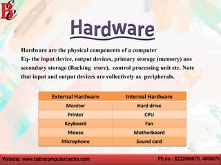 Website: www.batracomputercentre.com Ph.no.: 8222066670, 4000670
Hardware are the physical components of a computer
Eq- the input device, output devices, primary storage (memory) ans
secondary storage (Backing store), control processing unit etc. Note
that input and output devices are collectively as peripherals.
External Hardware Internal Hardware
Monitor Hard drive
Printer CPU
Keyboard Fan
Mouse Motherboard
Microphone Sound card
 
