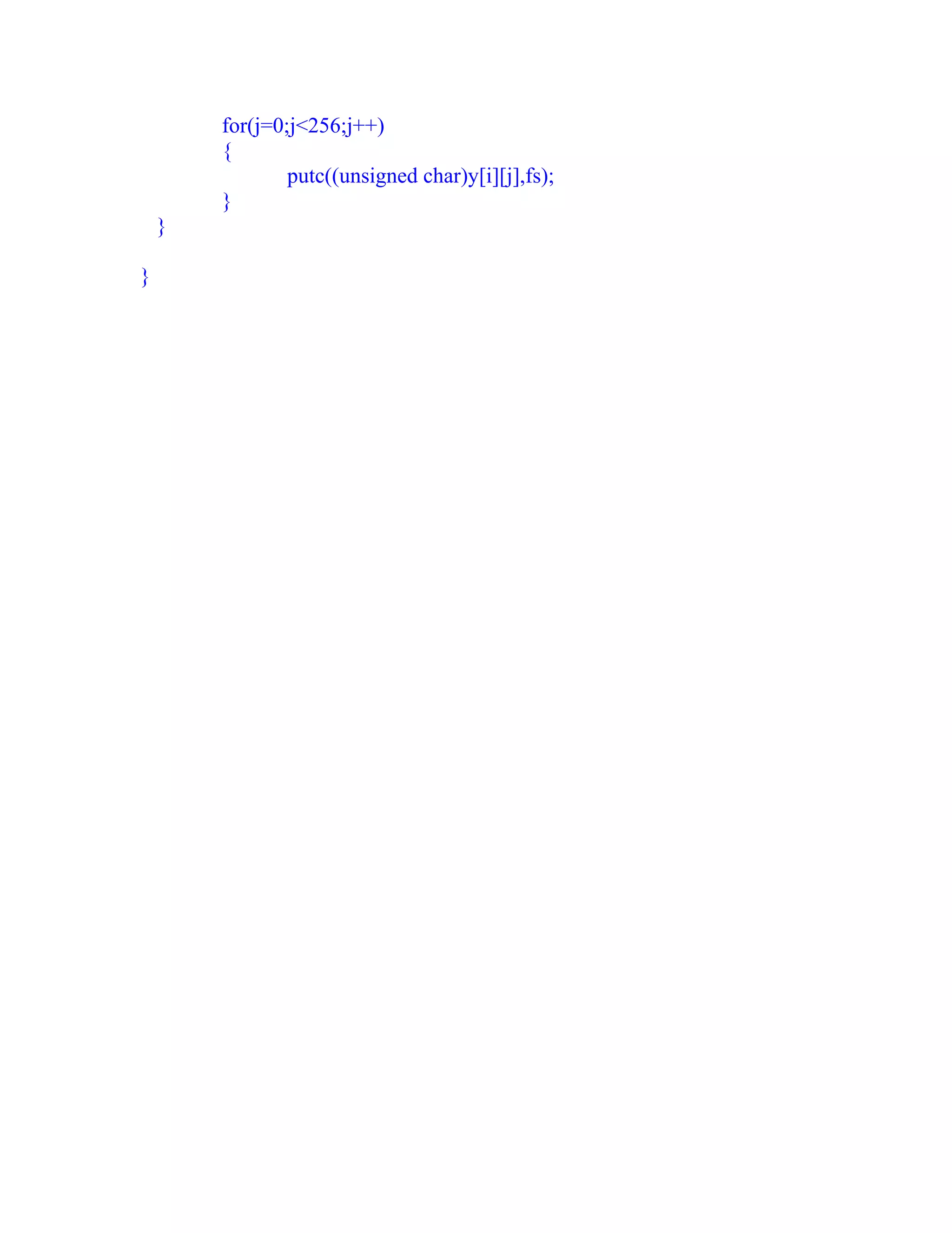 for(j=0;j<256;j++)
        {
                putc((unsigned char)y[i][j],fs);
        }
    }

}
 