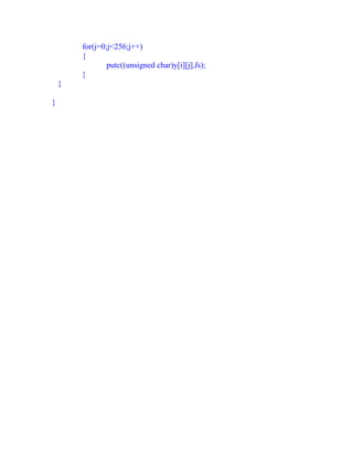 for(j=0;j<256;j++)
        {
                putc((unsigned char)y[i][j],fs);
        }
    }

}
 