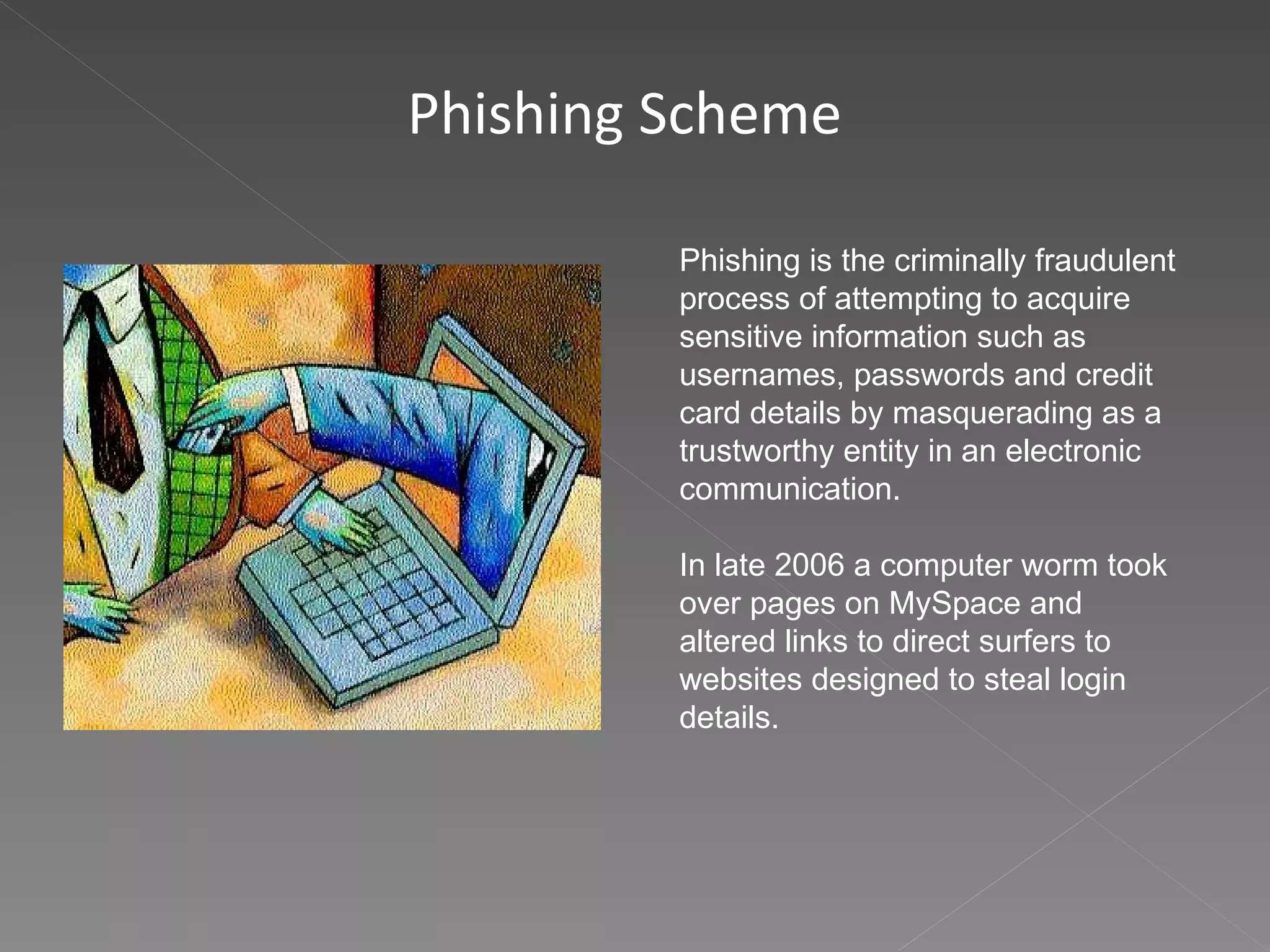 Phishing Scheme Phishing is the criminally fraudulent process of attempting to acquire sensitive information such as usernames, passwords and credit card details by masquerading as a trustworthy entity in an electronic communication.  In late 2006 a computer worm took over pages on MySpace and altered links to direct surfers to websites designed to steal login details. 