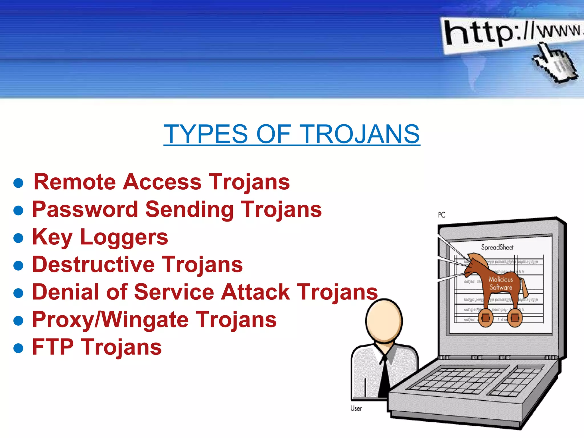 ●  Remote Access Trojans ●   Password Sending Trojans ●   Key Loggers ●   Destructive Trojans ●   Denial of Service Attack Trojans ●   Proxy/Wingate Trojans ●   FTP Trojans TYPES OF TROJANS 