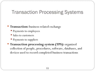 Transaction Processing Systems

 Transaction: business-related exchange
   Payments to employees
   Sales to customers
   Payments to suppliers
 Transaction processing system (TPS): organized
  collection of people, procedures, software, databases, and
  devices used to record completed business transactions



                               11
 