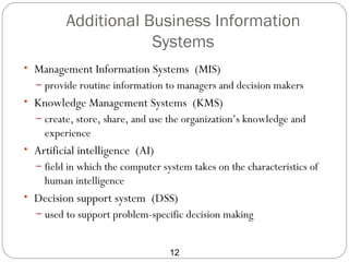 Additional Business Information
                     Systems
• Management Information Systems (MIS)
  – provide routine information to managers and decision makers
• Knowledge Management Systems (KMS)
  – create, store, share, and use the organization’s knowledge and
    experience
• Artificial intelligence (AI)
  – field in which the computer system takes on the characteristics of
    human intelligence
• Decision support system (DSS)
  – used to support problem-specific decision making


                                  12
 