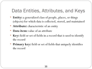 Data Entities, Attributes, and Keys
• Entity: a generalized class of people, places, or things
    (objects) for which data is collected, stored, and maintained
•   Attribute: characteristic of an entity
•   Data item: value of an attribute
•   Key: field or set of fields in a record that is used to identify
    the record
•   Primary key: field or set of fields that uniquely identifies
    the record




                                35
 