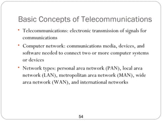 Basic Concepts of Telecommunications
• Telecommunications: electronic transmission of signals for
  communications
• Computer network: communications media, devices, and
  software needed to connect two or more computer systems
  or devices
• Network types: personal area network (PAN), local area
  network (LAN), metropolitan area network (MAN), wide
  area network (WAN), and international networks




                            54
 