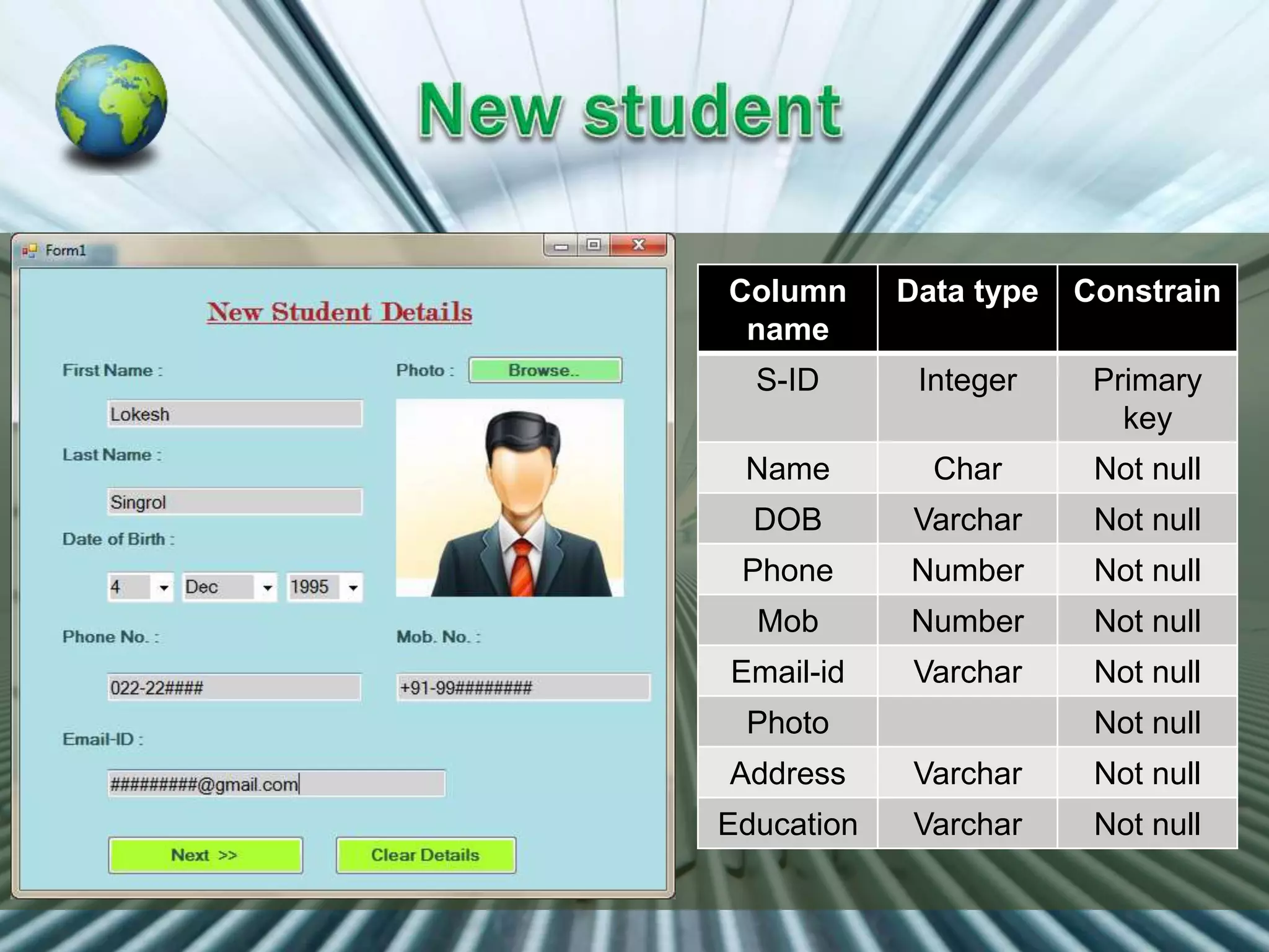 Column
name
Data type Constrain
S-ID Integer Primary
key
Name Char Not null
DOB Varchar Not null
Phone Number Not null
Mob Number Not null
Email-id Varchar Not null
Photo Not null
Address Varchar Not null
Education Varchar Not null
 