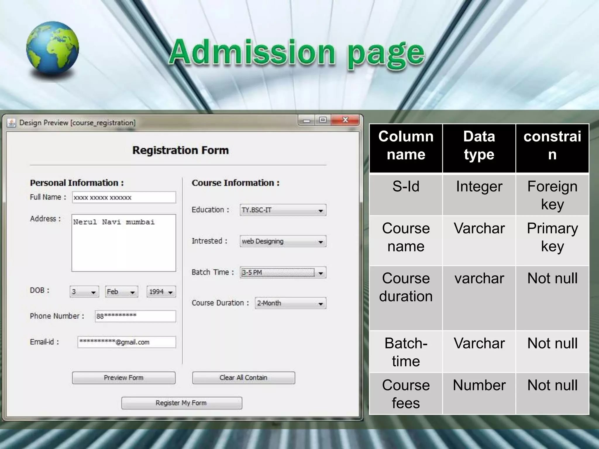 Column
name
Data
type
constrai
n
S-Id Integer Foreign
key
Course
name
Varchar Primary
key
Course
duration
varchar Not null
Batch-
time
Varchar Not null
Course
fees
Number Not null
 