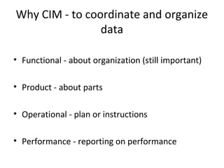 Why CIM - to coordinate and organize
data
• Functional - about organization (still important)
• Product - about parts
• Operational - plan or instructions
• Performance - reporting on performance
 