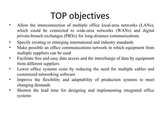 TOP objectives
• Allow the interconnection of multiple office local-area networks (LANs),
which could be connected to wide-area networks (WANs) and digital
private-branch exchanges (PBXs) for long-distance communications
• Specify existing or emerging international and industry standards
• Make possible an office communications network in which equipment from
multiple suppliers can be used
• Facilitate free and easy data access and the interchange of data by equipment
from different suppliers
• Lower office systems costs by reducing the need for multiple cables and
customized networking software
• Improve the flexibility and adaptability of production systems to meet
changing demands
• Shorten the lead time for designing and implementing integrated office
systems
 
