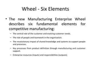 Wheel - Six Elements
• The new Manufacturing Enterprise Wheel
describes six fundamental elements for
competitive manufacturing:
– The central role of the customer and evolving customer needs.
– The role of people and teamwork in the organization.
– The revolutionary impact of shared knowledge and systems to support people
and processes.
– Key processes from product definition through manufacturing and customer
support.
– Enterprise resources (inputs) and responsibilities (outputs).
 