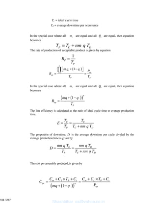 Tc = ideal cycle time
Td = average downtime per occurrence
In the special case where all im are equal and all iQ are equal, then equation
becomes
The rate of production of acceptable product is given by equation
In the special case where all im are equal and all iQ are equal, then equation
becomes
The line efficiency is calculated as the ratio of ideal cycle time to average production
time.
The proportion of downtime, D, is the average downtime per cycle divided by the
average production time is given by
The cost per assembly produced, is given by
P C DT T nm q T= +
1
P
P
R
T
=
( )
1
1
n
i i i
api
ap
P p
m q q
P
R
T T
=
+ −
= =
∏
( )( )1
n
ap
P
mq q
R
T
+ −
=
C C
P C D
T T
E
T T nm q T
= =
+
D D
P C D
nm q T nm q T
D
T T nm q T
= =
+
( )( )1
m L P t m L P t
pc n
ap
C C T C C C T C
C
Pmq q
+ × + + × +
= =
+ −
Shashidhar_gs@yahoo.co.in
104 / 217
 