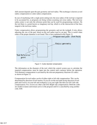 shift amount depends upon the part geometry and tool radius. This technique is known as tool
radius compensation or cutter radius compensation.
In case of machining with a single point cutting tool, the nose radius of the tool tip is required
to be accounted for, as programs are being written assuming zero nose radius. The tool nose
radius center is not only the reference point that can be used for programming contours. On
the tool there is a point known as imaginary tool tip, which is at the intersection of the lines
tangent to the tool nose radius.
Cutter compensation allows programming the geometry and not the toolpath. It also allows
adjusting the size of the part, based on the tool radius used to cut part. This is useful when
cutter of the proper diameter is not found. This is best explained in the Figure 11.
Figure 11. Cutter diameter compensation
The information on the diameter of the tool, which the control system uses to calculate the
required compensation, must be input into the control unit's memory before the operation.
Tool diameter compensation is activated by the relevant preparatory functions (G codes)
as shown in Figure 12.
Compensation for tool radius can be of either right or left side compensation. This can be
determined by direction of tool motion. If you are on the tool path facing direction of tool
path and if tool is on your left and workpiece is on your right side then use G41 (left side
compensation). For, reverse use other code G42 (Right side compensation). Both the codes
are modal in nature and remain active in the program until it is cancelled by using another
code, G40.
Shashidhar_gs@yahoo.co.in
166 / 217
 