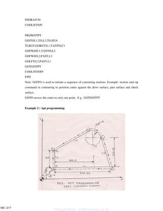FEDRAT/30
COOLNT/ON
FROM/STPT
GO/TOL1,TO,L3,TO,PLN
TLRGT,GORGT/L1,TANTO,C1
GOFWD/C1,TANTO,L2
GOFWD/L2,PAST,L3
GOLFT/L3,PAST,L1
GOTO/STPT
COOLNT/OFF
FINI
Note: GO/TO is used to initiate a sequence of contouring motions. Example: motion start up
command in contouring to position cutter against the drive surface, part surface and check
surface.
GOTO moves the cutter to only one point. E.g. GOTO/STPT
Example 2 : Apt programming
Shashidhar_gs@yahoo.co.in
185 / 217
 