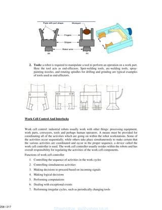 2. Tools: a robot is required to manipulate a tool to perform an operation on a work part.
Here the tool acts as end-effectors. Spot-welding tools, arc-welding tools, spray-
painting nozzles, and rotating spindles for drilling and grinding are typical examples
of tools used as end-effectors.
Work Cell Control And Interlocks
Work cell control: industrial robots usually work with other things: processing equipment,
work parts, conveyors, tools and perhaps human operators. A means must be provided for
coordinating all of the activities which are going on within the robot workstations. Some of
the activities occur sequentially, while others take place simultaneously to make certain that
the various activities are coordinated and occur in the proper sequence, a device called the
work cell controller is used. The work cell controller usually resides within the robots and has
overall responsibility for regulating the activities of the work cell components.
Functions of work cell controller
1. Controlling the sequence of activities in the work cycles
2. Controlling simultaneous activities
3. Making decisions to proceed based on incoming signals
4. Making logical decisions
5. Performing computations
6. Dealing with exceptional events
7. Performing irregular cycles, such as periodically changing tools
Shashidhar_gs@yahoo.co.in
208 / 217
 