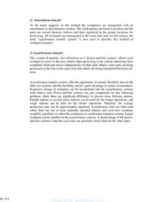 2) Intermittent transfer
As the name suggests, in this method the workpieces are transported with an
intermittent or discontinuous motion. The workstations are fixed in position and the
parts are moved between stations and then registered at the proper locations for
processing. All workparts are transported at the same time and, for this reason, the
term "synchronous transfer system" is also used to describe this method of
workpart transport.
3) Asynchronous transfer
This system of transfer, also referred to as a "power-and-free system," allows each
workpart to move to the next station when processing at the current station has been
completed. Each part moves independently of other parts. Hence, some parts are being
processed on the line at the same time that others are being transported between sta-
tions.
Asynchronous transfer systems offer the opportunity for greater flexibility than do the
other two systems, and this flexibility can be a great advantage in certain circumstances.
In-process storage of workparts can be incorporated into the asynchronous systems
with relative ease. Power-and-free systems can also compensate for line balancing
problems where there are significant differences in process times between stations.
Parallel stations or several series stations can be used for the longer operations, and
single stations can be used for the shorter operations. Therefore, the average
production rates can be approximately equalized. Asynchronous lines are often used
where there are one or more manually operated stations and cycle-time variations
would be a problem on either the continuous or synchronous transport systems. Larger
workparts can be handled on the asynchronous systems. A disadvantage of the power-
and-free systems is that the cycle rates are generally slower than for the other types.
Shashidhar_gs@yahoo.co.in
35 / 217
 