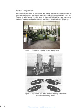 Rotary indexing machine
To achieve higher rates of production, the rotary indexing machine performs a
sequence of machining operations on several work parts simultaneously. Parts are
fixtured on a horizontal circular table or dial, and indexed between successive
stations. An example of a dial indexing machine is shown in Figure 22 and 23.
Figure 22 Example of 6 station rotary configuration
Figure 23 Five station dial index machine showing vertical and
horizontal machining centers
Shashidhar_gs@yahoo.co.in
47 / 217
 