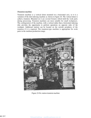 Trunnion machine
Trunnion machine is a vertical drum mounted on a horizontal axis, so it is a
variation of the dial indexing machine as shown in figure 24. The vertical drum is
called a trunnion. Mounted on it are several fixtures which hold the work parts
during processing. Trunnion machines are most suitable for small workpieces.
The configuration of the machine, with a vertical rather than a horizontal indexing
dial, provides the opportunity to perform operations on opposite sides of the
workpart. Additional stations can be located on the outside periphery of the
trunnion if it is required. The trunnion-type machine is appropriate for work
parts in the medium production range.
Figure 24 Six station trunnion machine
Shashidhar_gs@yahoo.co.in
48 / 217
 