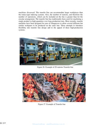 machines discussed. The transfer line can accommodate larger workpieces than
the rotary-type indexing systems. Also, the number of stations, and therefore the
number of operations, which can be included on the line is greater than for the
circular arrangement. The transfer line has traditionally been used for machining a
single product in high quantities over long production runs. More recently, transfer
machines have been designed for ease of changeover to allow several different but
similar workparts to be produced on the same line. These attempts to introduce
flexibility into transfer line design add to the appeal of these high-production
systems.
Figure 26 Example of 20 stations Transfer line
Figure 27 Example of Transfer line
Shashidhar_gs@yahoo.co.in
50 / 217
 