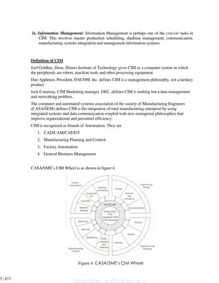ix. Information Management: Information Management is perhaps one of the crucial tasks in
CIM. This involves master production scheduling, database management, communication,
manufacturing systems integration and management information systems.
Definition of CIM
Joel Goldhar, Dean, Illinois Institute of Technology gives CIM as a computer system in which
the peripherals are robots, machine tools and other processing equipment.
Dan Appleton, President, DACOM, Inc. defines CIM is a management philosophy, not a turnkey
product.
Jack Conaway, CIM Marketing manager, DEC, defines CIM is nothing but a data management
and networking problem.
The computer and automated systems association of the society of Manufacturing Engineers
(CASA/SEM) defines CIM is the integration of total manufacturing enterprise by using
integrated systems and data communication coupled with new managerial philosophies that
improve organizational and personnel efficiency.
CIM is recognized as Islands of Automation. They are
1. CAD/CAM/CAE/GT
2. Manufacturing Planning and Control.
3. Factory Automation
4. General Business Management
CASA/SME’s CIM Wheel is as shown in figure 4
Figure 4
Shashidhar_gs@yahoo.co.in
7 / 217
 