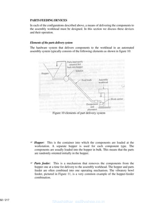PARTS FEEDING DEVICES
In each of the configurations described above, a means of delivering the components to
the assembly workhead must be designed. In this section we discuss these devices
and their operation.
Elements of the parts delivery system
The hardware system that delivers components to the workhead in an automated
assembly system typically consists of the following elements as shown in figure 10:
Hopper: This is the container into which the components are loaded at the
workstation. A separate hopper is used for each component type. The
components are usually loaded into the hopper in bulk. This means that the parts
are randomly oriented initially in the hopper.
Parts feeder: This is a mechanism that removes the components from the
hopper one at a time for delivery to the assembly workhead. The hopper and parts
feeder are often combined into one operating mechanism. The vibratory bowl
feeder, pictured in Figure 11, is a very common example of the hopper-feeder
combination.
Figure 10 elements of part delivery system
Shashidhar_gs@yahoo.co.in
92 / 217
 