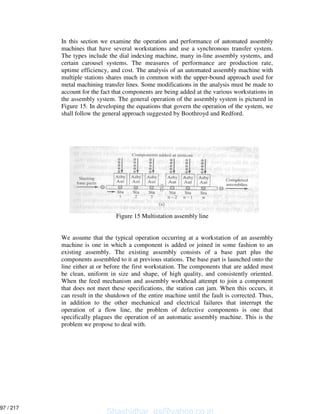 In this section we examine the operation and performance of automated assembly
machines that have several workstations and use a synchronous transfer system.
The types include the dial indexing machine, many in-line assembly systems, and
certain carousel systems. The measures of performance are production rate,
uptime efficiency, and cost. The analysis of an automated assembly machine with
multiple stations shares much in common with the upper-bound approach used for
metal machining transfer lines. Some modifications in the analysis must be made to
account for the fact that components are being added at the various workstations in
the assembly system. The general operation of the assembly system is pictured in
Figure 15. In developing the equations that govern the operation of the system, we
shall follow the general approach suggested by Boothroyd and Redford.
We assume that the typical operation occurring at a workstation of an assembly
machine is one in which a component is added or joined in some fashion to an
existing assembly. The existing assembly consists of a base part plus the
components assembled to it at previous stations. The base part is launched onto the
line either at or before the first workstation. The components that are added must
be clean, uniform in size and shape, of high quality, and consistently oriented.
When the feed mechanism and assembly workhead attempt to join a component
that does not meet these specifications, the station can jam. When this occurs, it
can result in the shutdown of the entire machine until the fault is corrected. Thus,
in addition to the other mechanical and electrical failures that interrupt the
operation of a flow line, the problem of defective components is one that
specifically plagues the operation of an automatic assembly machine. This is the
problem we propose to deal with.
Figure 15 Multistation assembly line
Shashidhar_gs@yahoo.co.in
97 / 217
 