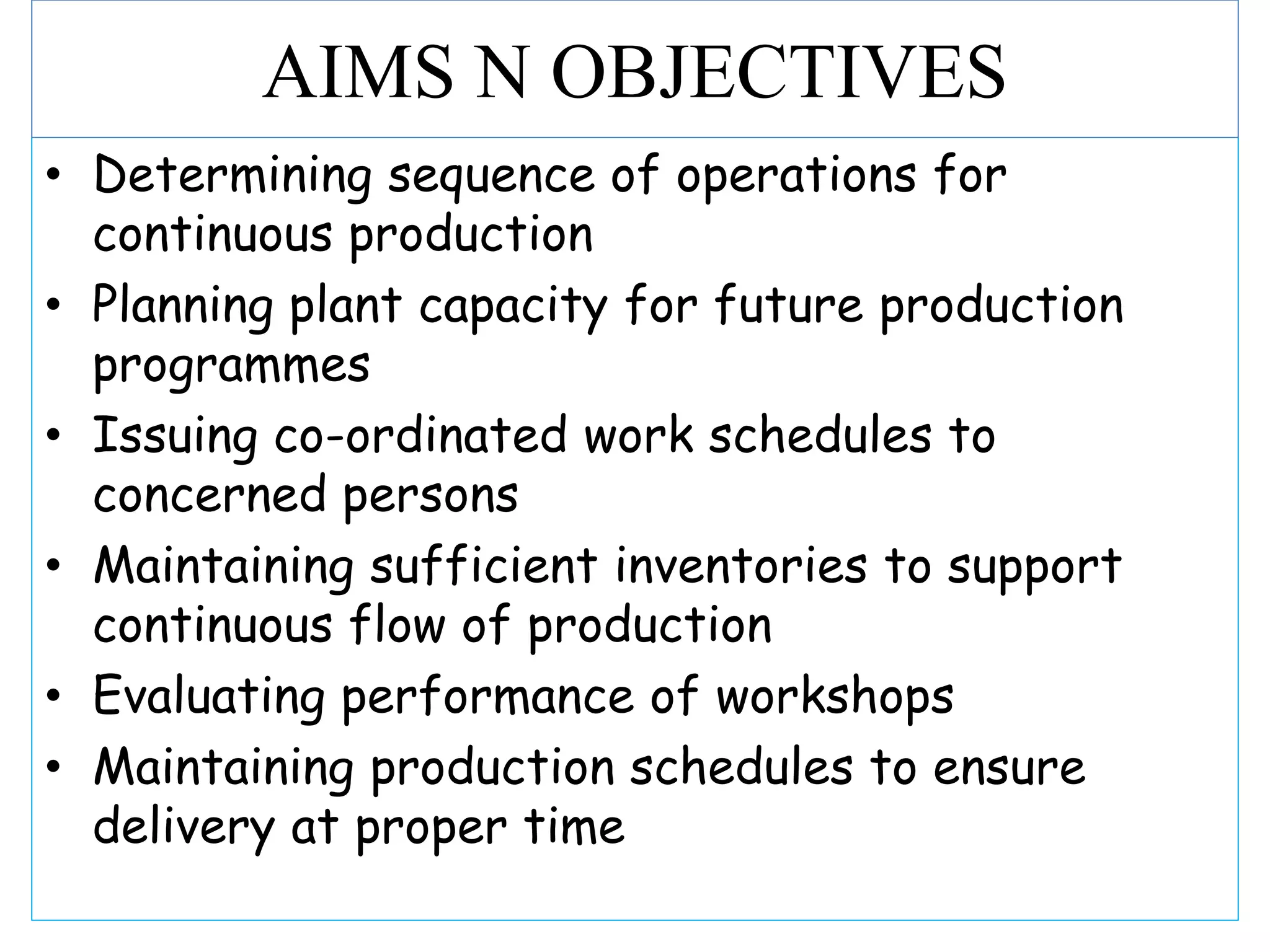 • Determining sequence of operations for
continuous production
• Planning plant capacity for future production
programmes
• Issuing co-ordinated work schedules to
concerned persons
• Maintaining sufficient inventories to support
continuous flow of production
• Evaluating performance of workshops
• Maintaining production schedules to ensure
delivery at proper time
AIMS N OBJECTIVES
 