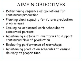 • Determining sequence of operations for
continuous production
• Planning plant capacity for future production
programmes
• Issuing co-ordinated work schedules to
concerned persons
• Maintaining sufficient inventories to support
continuous flow of production
• Evaluating performance of workshops
• Maintaining production schedules to ensure
delivery at proper time
AIMS N OBJECTIVES
 
