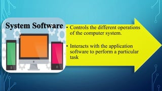 • Controls the different operations
of the computer system.
• Interacts with the application
software to perform a particular
task
 