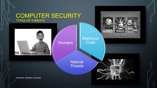 COMPUTER SECURITY
TYPES OF THREATS
SPEAKER: GERARD LAMUSSE
Malicious
Code
Natural
Threats
Humans
 
