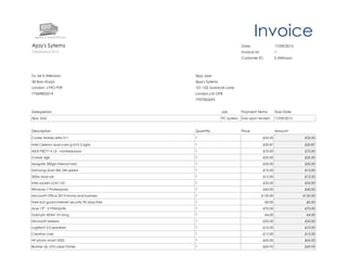 Invoice
Ajay's Sytems

Date:

17/09/2013

Established 2012

Invoice Id:

1

Customer ID:

E.Atikinson

To: Mr E Atikinson

Ajay Jassi

58 Barn Road

Ajay's Sytems

London, LY9O P09

101-102 Zoolands Lane

77569853214

London,LT6 OP8
7707502693

Salesperson

Job

Payment Terms

Due Date

Ajay Jassi

PC System

Due upon receipt

17/09/2013

Price

Amount

Description

Quantity

Cooler Master elite 311

1

£35.00

£35.00

Intel Celeron dual-core g1610 2.6ghz

1

£30.87

£30.87

ASUS P8Z77-V LX - motherboard

1

£70.00

£70.00

Corsair 4gb

1

£25.00

£25.00

Seagate 500gb internal hdd

1

£30.00

£30.00

Samsung dual disk 24x speed

1

£15.00

£15.00

500w dual rail

1

£12.00

£12.00

Intel socket LGA1155

1

£35.00

£35.00

Windows 7 Professional

1

£40.00

£40.00

Microsoft Office 2013 Home and business

1

£150.00

£150.00

Free bull guard internet security 90 days free

1

£0.00

£0.00

Acer 19” V193HQLHb

1

£70.00

£70.00

Gold pin HDMI 1m long

1

£4.00

£4.00

Microsoft wireless

1

£20.00

£20.00

Logitech 2.0 speakers

1

£10.00

£10.00

Creative Live!

1

£15.00

£15.00

HP photo smart 5520

1

£65.00

£65.00

Brother QL-570 Label Printer

1

£69.95

£69.95

 