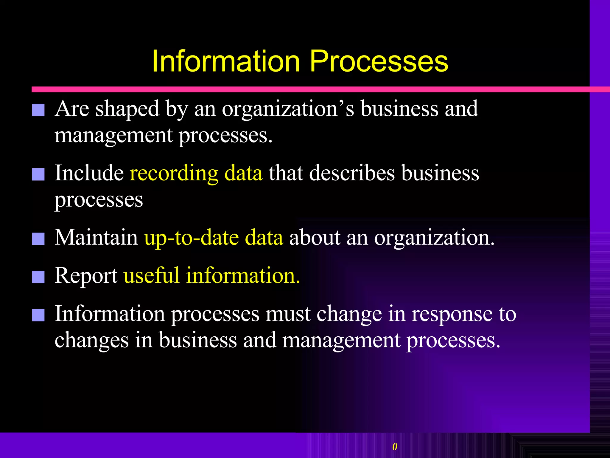 Information Processes Are shaped by an organization’s business and management processes. Include  recording data  that describes business processes Maintain  up-to-date data  about an organization. Report  useful information. Information processes must change in response to  changes in business and management processes. 