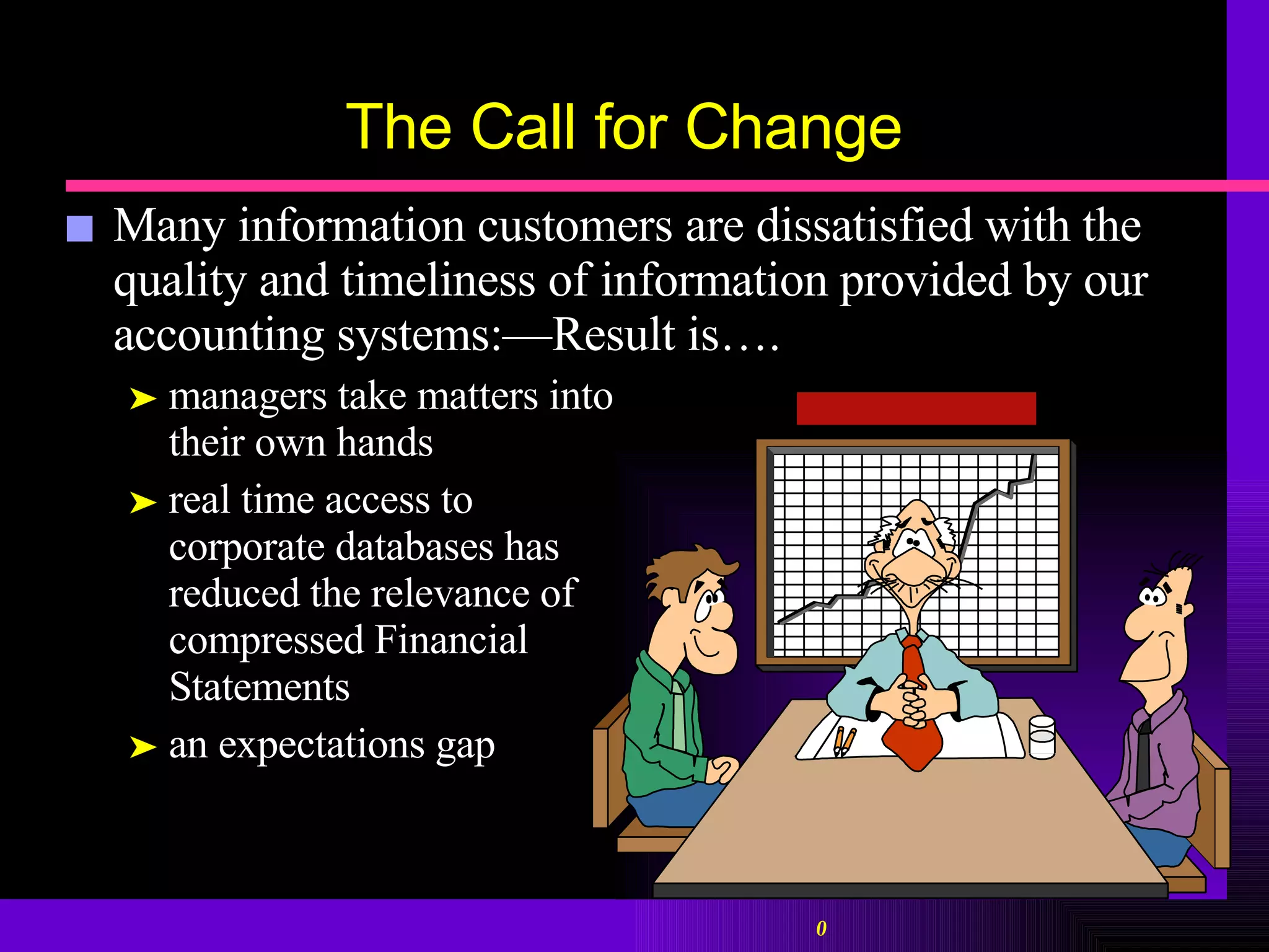 The Call for Change Many information customers are dissatisfied with the quality and timeliness of information provided by our accounting systems:—Result is…. managers take matters into  their own hands real time access to  corporate databases has  reduced the relevance of  compressed Financial Statements an expectations gap 