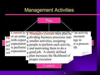 Management Activities Plan Evaluate Execute Control Information System Planning  requires leaders to define the  business objectives , to  prioritize  business processes, and to provide a blueprint for achieving the objectives.  They must identify  opportunities  available to the organization as well as assess the  risk  associated with each opportunity.  Control  is exercised by reviewing the results of an activity or an entire business process to see if they are consistent with expectations.  The review may cause a change in expectations or a change in the way an activity or a process is performed to bring the actual results in line with expectations. Periodically, managers  evaluate  the operating results to see if the business processes are achieving the organization's objectives.  The results of the evaluation are used to modify the plans, objective, or expectations. Managers execute  their plan by dividing business processes into smaller activities, assigning people to perform each activity, and motivating them to do a good job.  A clearly defined plan increases the likelihood of proper execution 