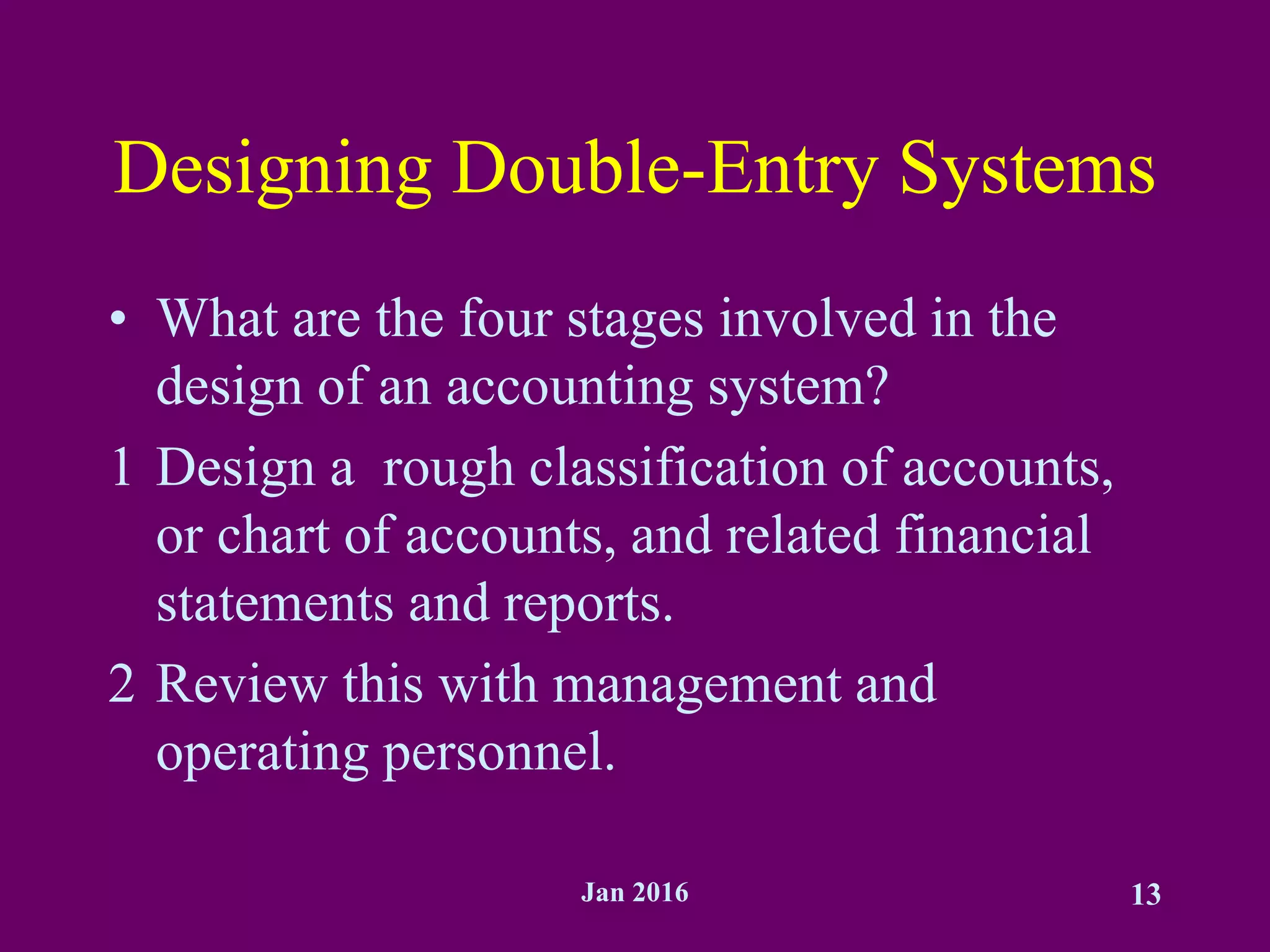 Jan 2016 13
Designing Double-Entry Systems
• What are the four stages involved in the
design of an accounting system?
1 Design a rough classification of accounts,
or chart of accounts, and related financial
statements and reports.
2 Review this with management and
operating personnel.
 