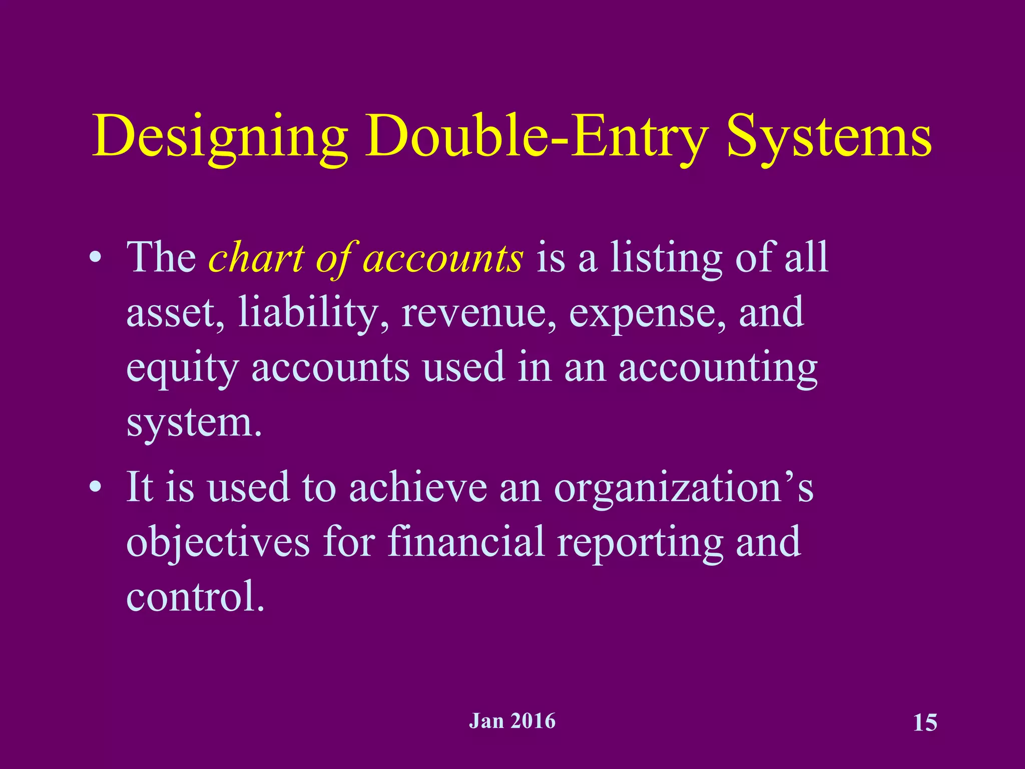Jan 2016 15
Designing Double-Entry Systems
• The chart of accounts is a listing of all
asset, liability, revenue, expense, and
equity accounts used in an accounting
system.
• It is used to achieve an organization’s
objectives for financial reporting and
control.
 