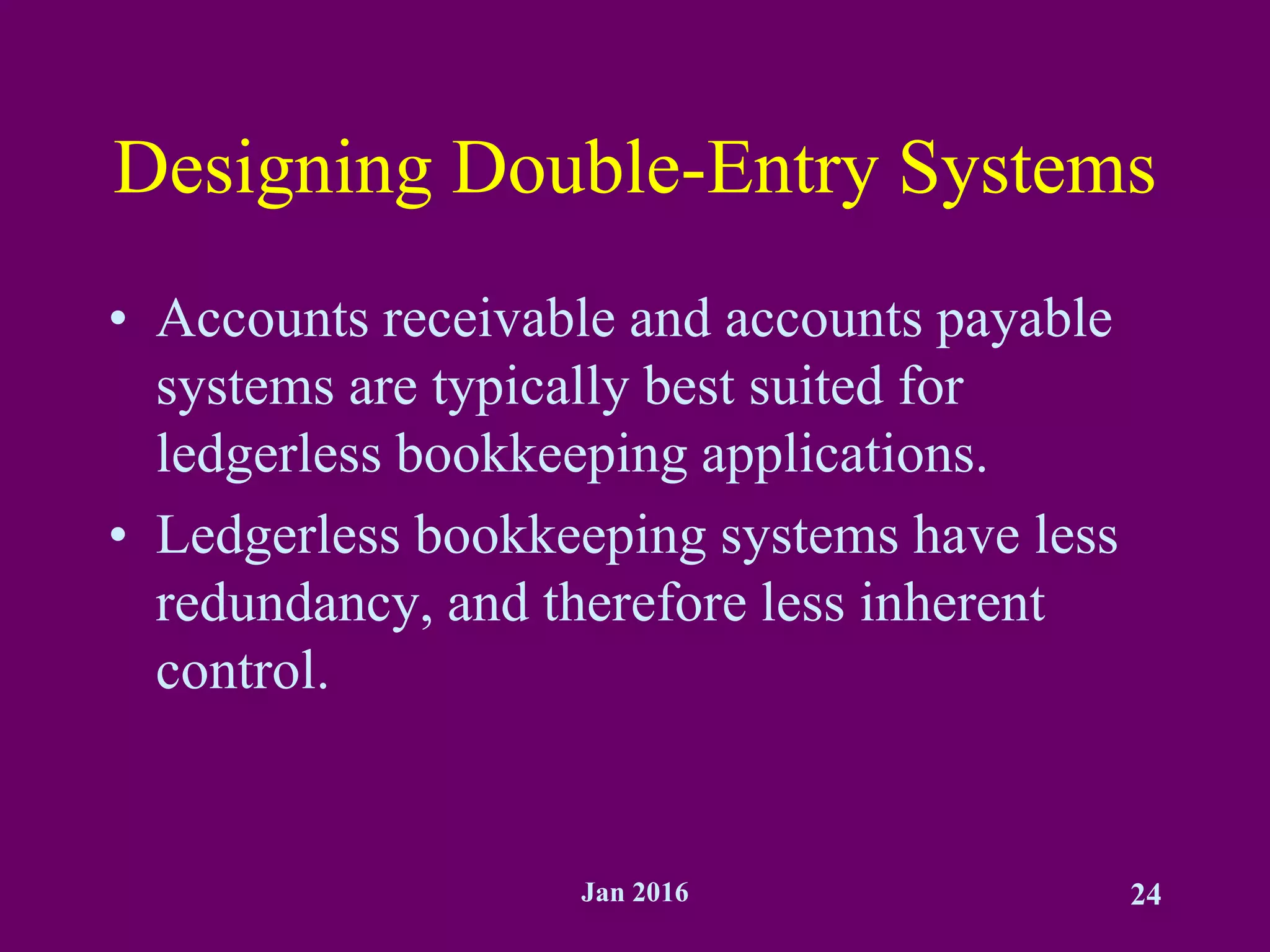 Jan 2016 24
Designing Double-Entry Systems
• Accounts receivable and accounts payable
systems are typically best suited for
ledgerless bookkeeping applications.
• Ledgerless bookkeeping systems have less
redundancy, and therefore less inherent
control.
 