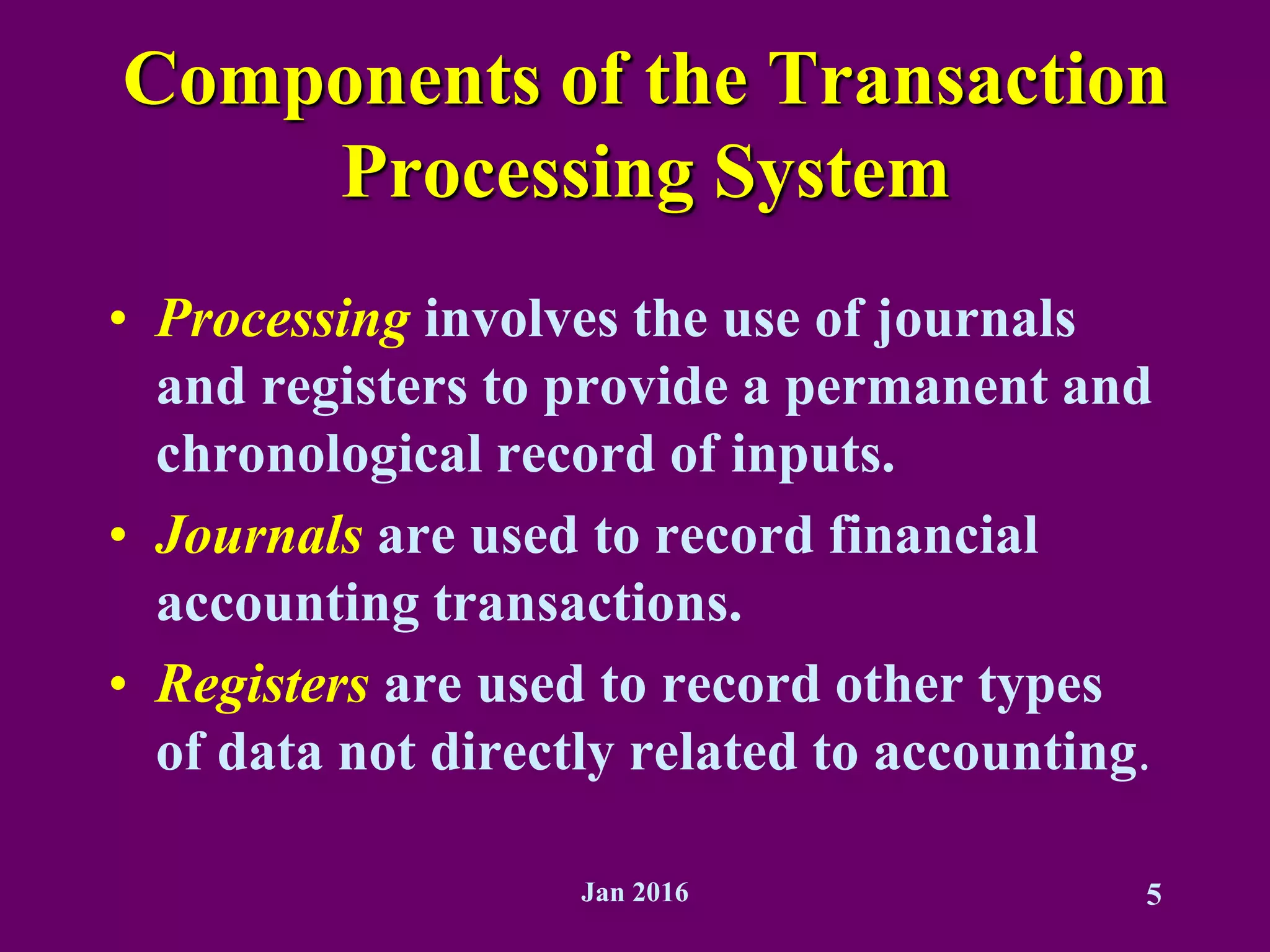 Jan 2016 5
Components of the Transaction
Processing System
• Processing involves the use of journals
and registers to provide a permanent and
chronological record of inputs.
• Journals are used to record financial
accounting transactions.
• Registers are used to record other types
of data not directly related to accounting.
 