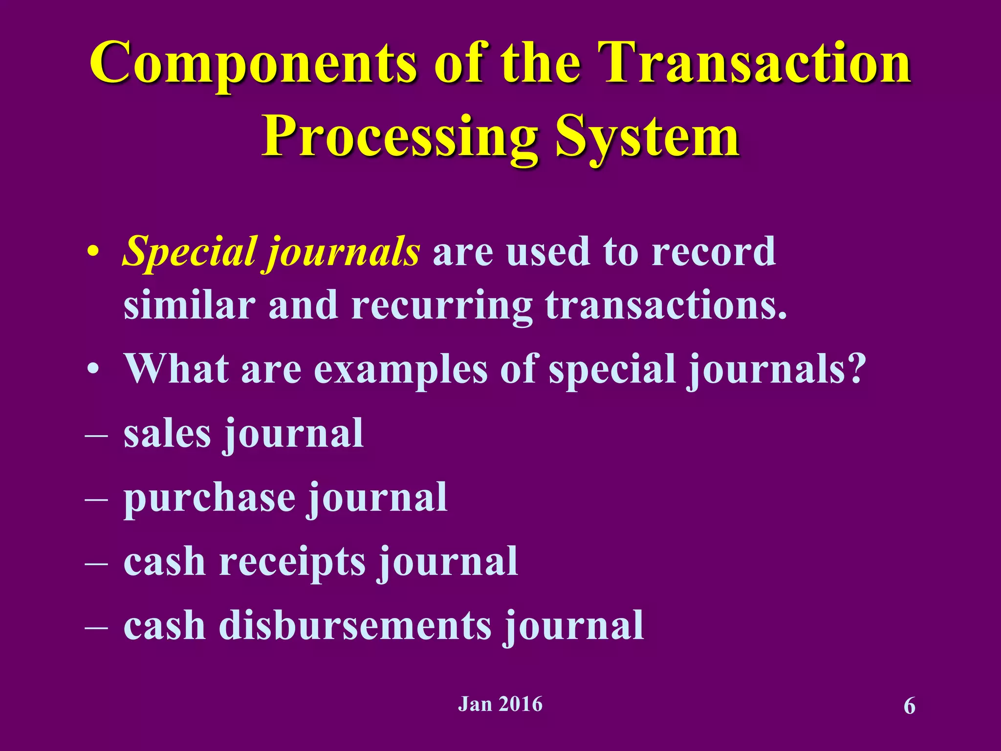 Jan 2016 6
Components of the Transaction
Processing System
• Special journals are used to record
similar and recurring transactions.
• What are examples of special journals?
– sales journal
– purchase journal
– cash receipts journal
– cash disbursements journal
 