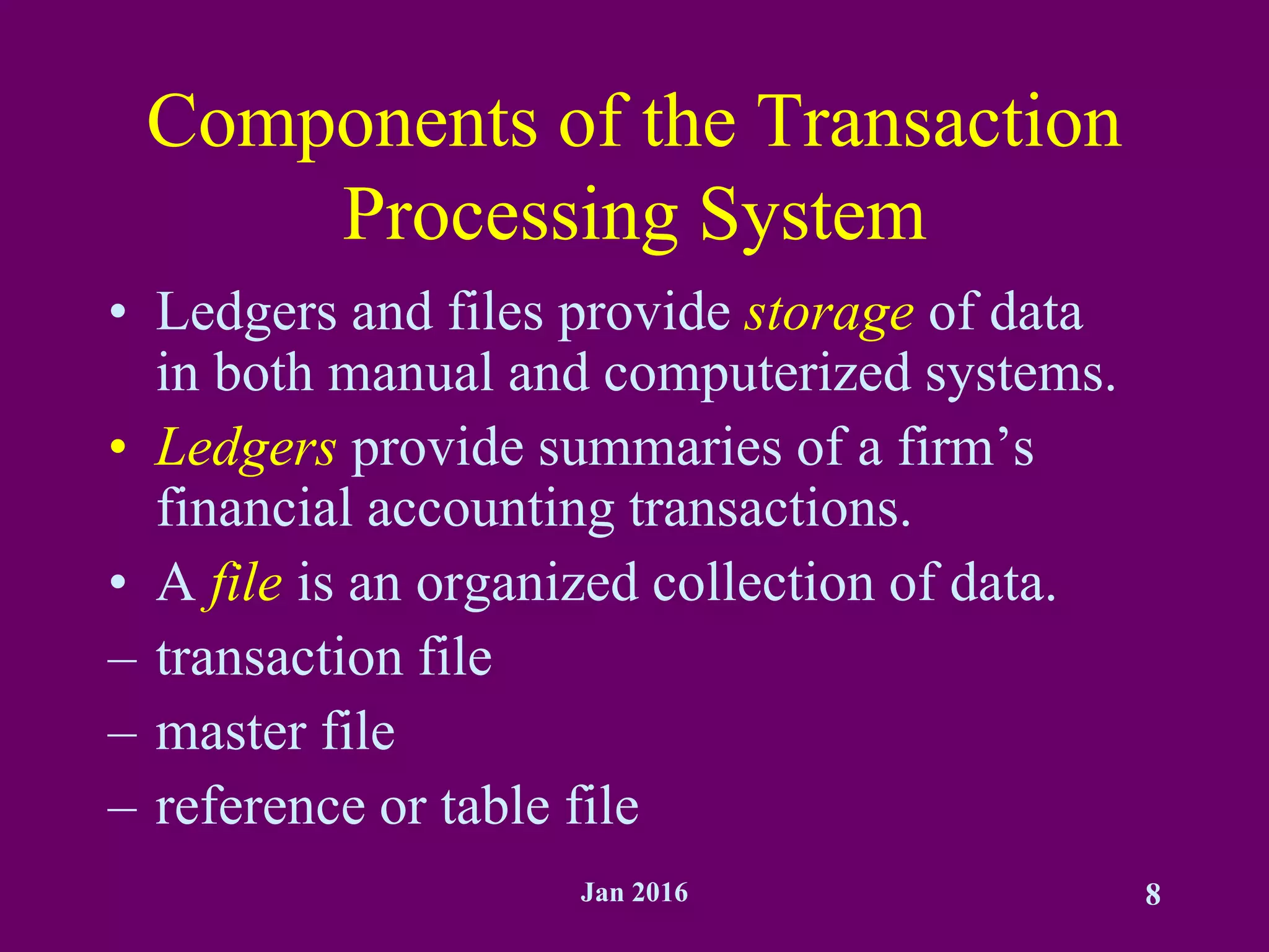 Jan 2016 8
Components of the Transaction
Processing System
• Ledgers and files provide storage of data
in both manual and computerized systems.
• Ledgers provide summaries of a firm’s
financial accounting transactions.
• A file is an organized collection of data.
– transaction file
– master file
– reference or table file
 