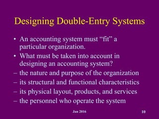 Jan 2016 10
Designing Double-Entry Systems
• An accounting system must “fit” a
particular organization.
• What must be taken into account in
designing an accounting system?
– the nature and purpose of the organization
– its structural and functional characteristics
– its physical layout, products, and services
– the personnel who operate the system
 
