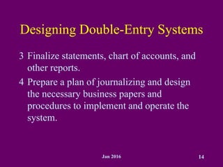 Jan 2016 14
Designing Double-Entry Systems
3 Finalize statements, chart of accounts, and
other reports.
4 Prepare a plan of journalizing and design
the necessary business papers and
procedures to implement and operate the
system.
 