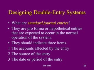 Jan 2016 19
Designing Double-Entry Systems
• What are standard journal entries?
• They are pro forma or hypothetical entries
that are expected to occur in the normal
operation of the system.
• They should indicate three items.
1 The accounts affected by the entry
2 The source of the entry
3 The date or period of the entry
 